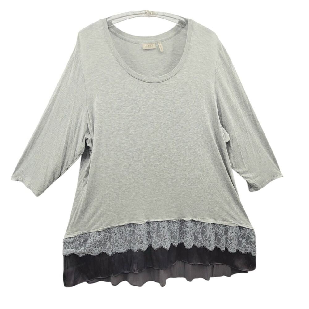 LOGO Lori Goldstein 3X Gray Knit Lace Hem Tunic Boho Layered Lagenlook Style